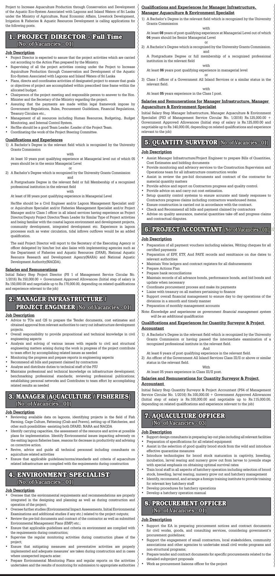 Manager, Environment Specialist, Quantity Surveyor, Project Accountant, Aquaculture Officer, Procurement Officer, Technical Officer, Training Officer, Project Secretary, Project Director - Ministry of Agriculture, Rural Economic Affairs, Livestock Development, Irrigation & Fisheries & Aquatic Resources Development